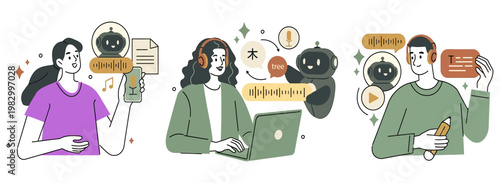 People interacting with digital devices and virtual elements augmented reality social media technology illustration communication smartphone information internet character background