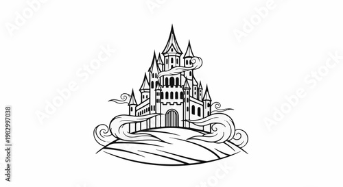 Ornate gothic castle with spires rising from a hill, wreathed in clouds