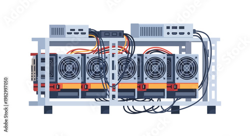 A computer server with multiple fans and wires on a metal rack in a data center