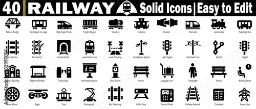 Railway icons set. Including bridge passenger carriage, high-speed train, freight wagon, tank car, caboose coupler, monorail locomotive, and track section, vector illustration.