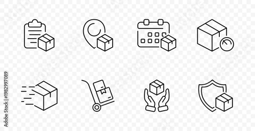 Logistics delivery set icon. Package checklist, location shipment, calendar delivery, time tracking, fast transport, hand cart, cargo care, security