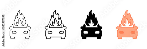 Set of minimalist burning car icons with transparent background, depicting vehicle fire symbols, auto accident warnings, emergency situations, vector illustration