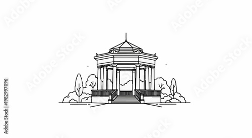 Ornate classical gazebo with pillars and steps surrounded by trees