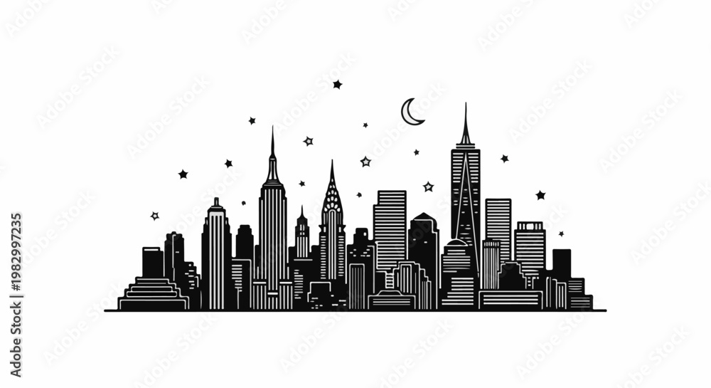 Obraz premium Stylized black and white skyline with moon and stars