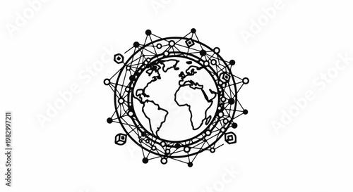 Abstract geometric network encircling a hand-drawn representation of Earth