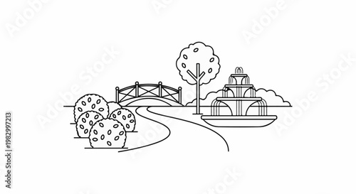 A park scene with a decorative fountain, a quaint bridge, and lush bushes
