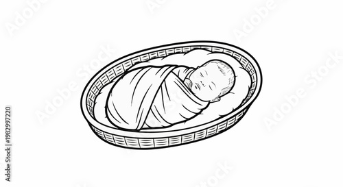 A sleeping baby is swaddled in a blanket and nestled in a woven basket