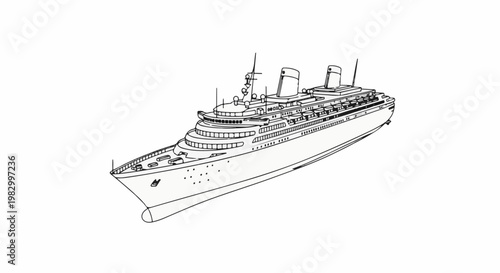Stylized black and white line drawing of a large ocean liner on a white background