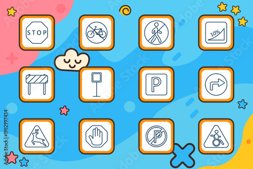 Road traffic sign set icon. Stop sign, bicycle prohibition, pedestrian prohibition, percentage slope, barrier, signpost, parking sign, turn right sign, deer crossing, hand stop, no parking