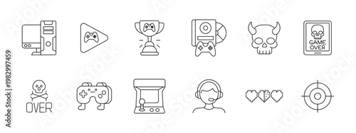 Video gaming entertainment set icon. Console play button trophy disc skull game over controller arcade headset pixel hearts target depict competition digital fun.