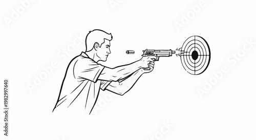 Man shooting a pistol at a target with a bullet in mid-air