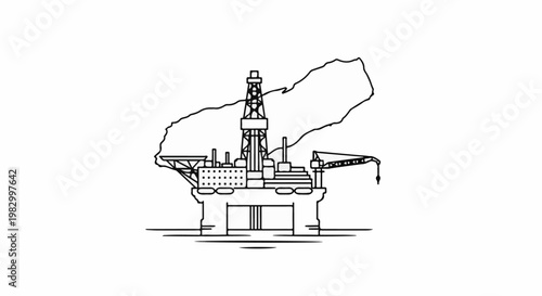 A simple line drawing of an offshore oil rig with a hilly outline behind it