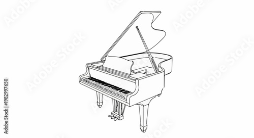 Black and white line art sketch of a grand piano with its lid open