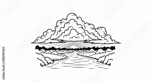 A stylized river flows through a landscape under a dramatic cloudburst