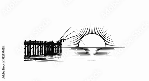 A stylized sunrise over water with a pier and fishing rods extending