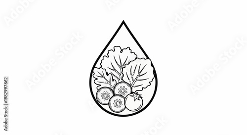 Line drawing of fresh vegetables inside a water drop shape