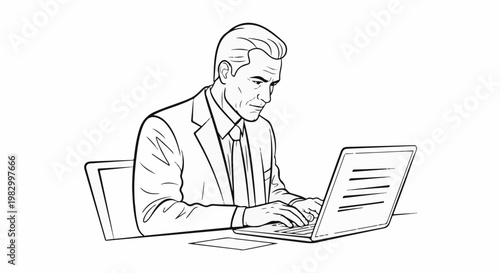 Man in suit focused on laptop, typing on keyboard