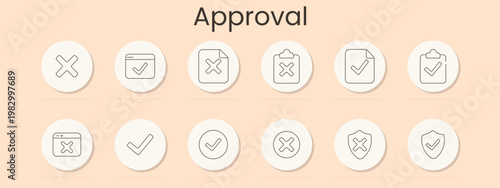 Approval set icon. Cross mark, check card, rejected file, denied clipboard, approved document, browser cancel, tick, verified badge, shield reject, shield accept, confirmation