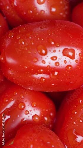 Rotating Cherry Tomato With Droplets. Vertical Shot Of Fresh Cherry Tomato With Reflective Glossy Surface