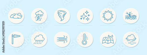 Weather forecast set icon. Minimal line badges with cloud, thunderstorm, tornado, sparkling stars, sun, drought cracks, windsock, rain, wind gust, thermometer, folded map raindrops, fog.