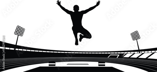 Athlete Jumping in Stadium, Track and Field Long Jump, Sports Performance, Fitness Training, Athletic Achievement