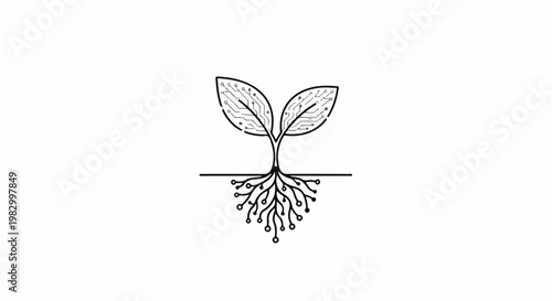 Illustration of a plant with leaves and roots depicted as electronic circuits