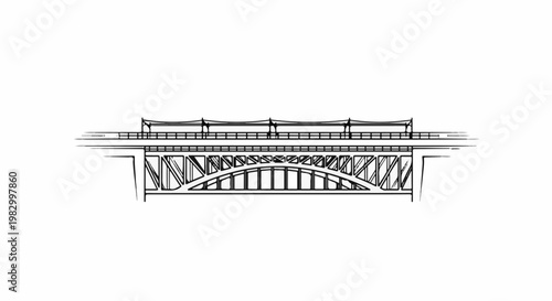 Sketch of a multi-level steel truss bridge with overhead suspension