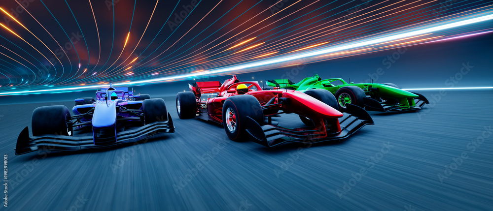 Fototapeta premium 3d Racing cars speeding on track with motion blur effects