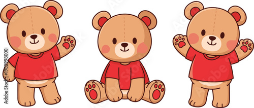 Set of 3 Cute Teddy Bear Illustrations in Different Poses Wearing Red Shirts
