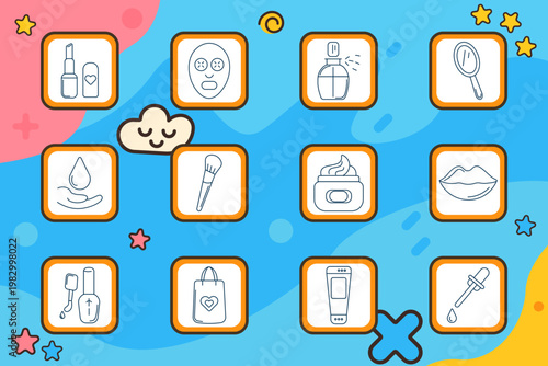 Beauty cosmetic set icon. Lipstick bottle, face mask, perfume spray, mirror, serum drop, brush, cream jar, lips, nail polish, bag, tube, dropper.