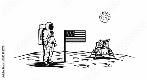 Astronaut stands on moon surface with flag, lander, and Earth in background