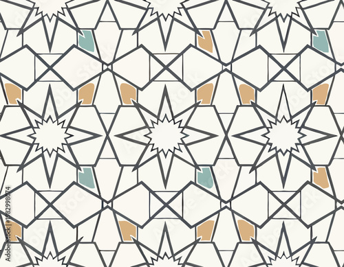 Abstract Geometric Pattern with Star and Diamond Motifs in a Repeating Tile Design