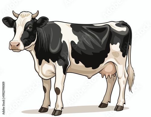 Black and white cow illustration, a detailed drawing of a healthy, farm animal with udder and horns, standing