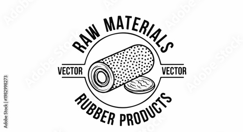 Circular emblem showing a rolled material and a disc, labeled "Raw Materials Rubber Products
