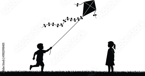 Children Flying Kite in the Field, Playing Outdoors, Silhouette of Kids, Fun and Joyful Activity