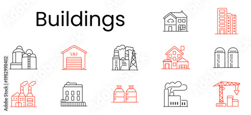 Buildings architecture set icon. House, apartment block, factory plant, warehouse, silos, office building, crane construction, industrial structures in outline red black style.