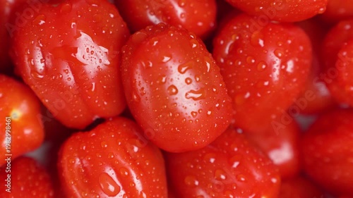 Closeup Tomato Details. Highly Detailed Macro Image Showcasing Ripe Cherry Tomatoes And Moisture
