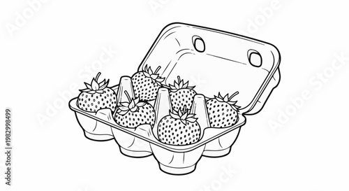 Six ripe strawberries arranged in a carton with green stems