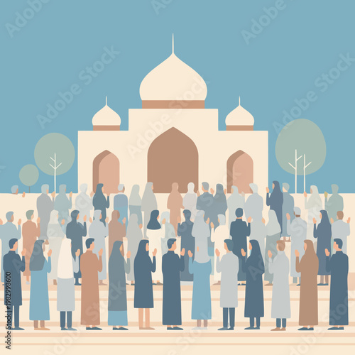 Diverse Crowd Gathering for Prayer in Front of a Mosque, Illustrating Community and Faith