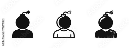 Person with bomb head symbol for stress and anger icons set