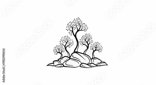 Black and white sketch of a small cluster of trees growing from rocks