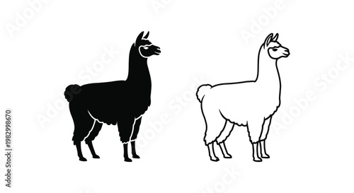 Llama icons, black and white llama silhouettes, vector llama illustrations, animal design elements