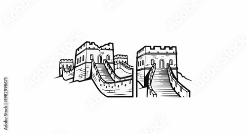 Black and white line drawing of the Great Wall with towers and stairs