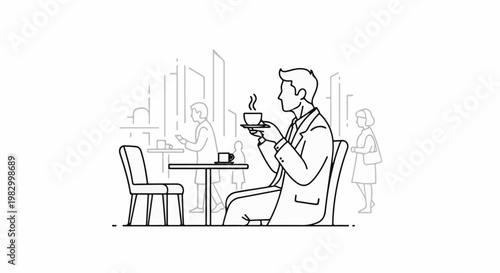 Businessman enjoys coffee at cafe with city skyline background