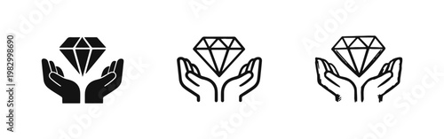 Hands holding a diamond precious gem icons set