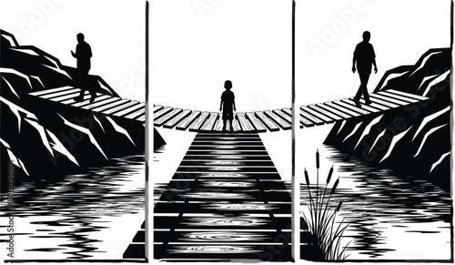 Tableau sur toile Family Crossing Wooden Bridge, Father, Mother, and Child, Adventure, Nature Expl