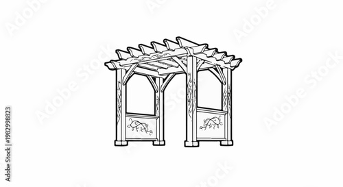Ornate wooden pergola with decorative carved panels and curved roof