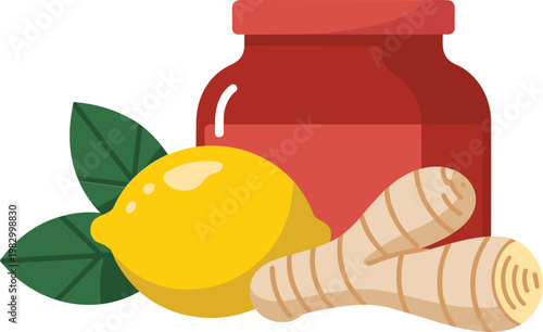 Natural healthy immune booster ingredients vector with fresh lemon ginger root and honey jar for wellness and flu prevention