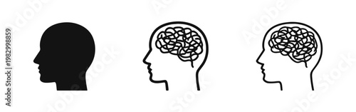 Confused mind with tangled thoughts head silhouette icons set