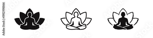 Meditation and yoga lotus pose mindfulness icons set